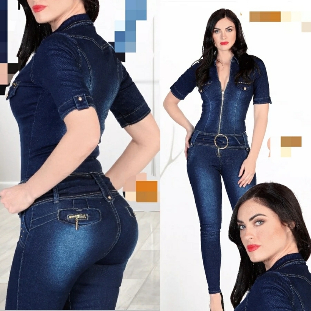 Booty Lifting Denim Jumpsuit - Dark Blue